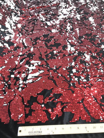 Red/White Sequins Flip On Black Stretch Velvet Two Tone Sequin Fabric, By The Yard